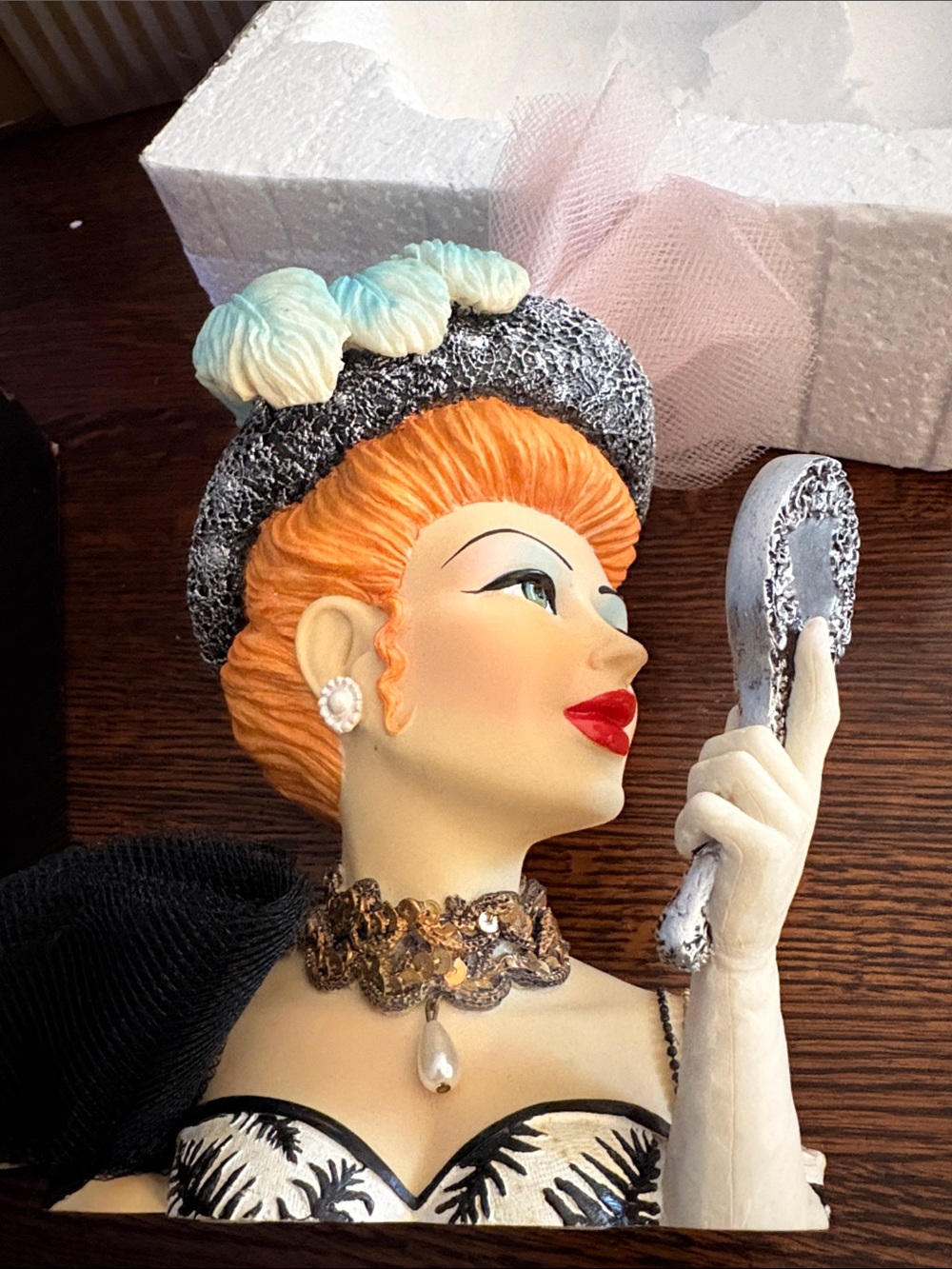 Cameo Girls Vintage Ceramic Figurine - Head vase Red Hair, Black & Cream Outfit